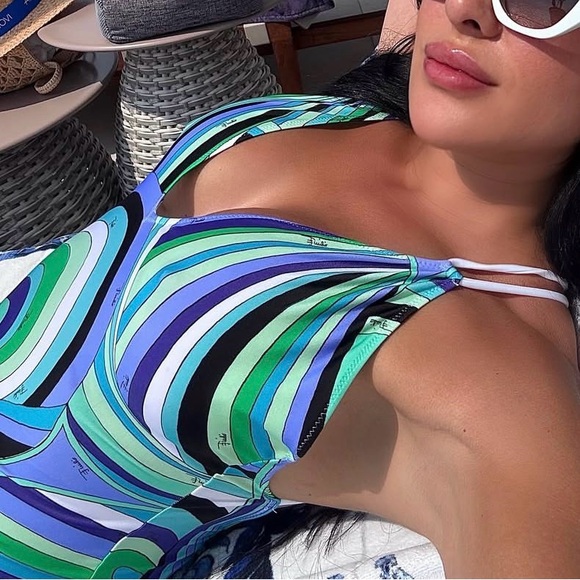 Emilio Pucci Blue and Green Swirl One Piece Swimsuit - Picture 2 of 11